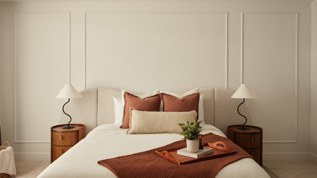 primary bedroom of the Discovery townhome model by Urbandale at Kanata Lakes, featuring deep rose accent pillows and throw and moulding on the wall for a panelled look