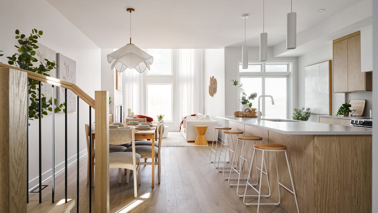 open-concept main floor of the Endeavour townhome model at Riverside South decorated in whites, wood and soft neutrals
