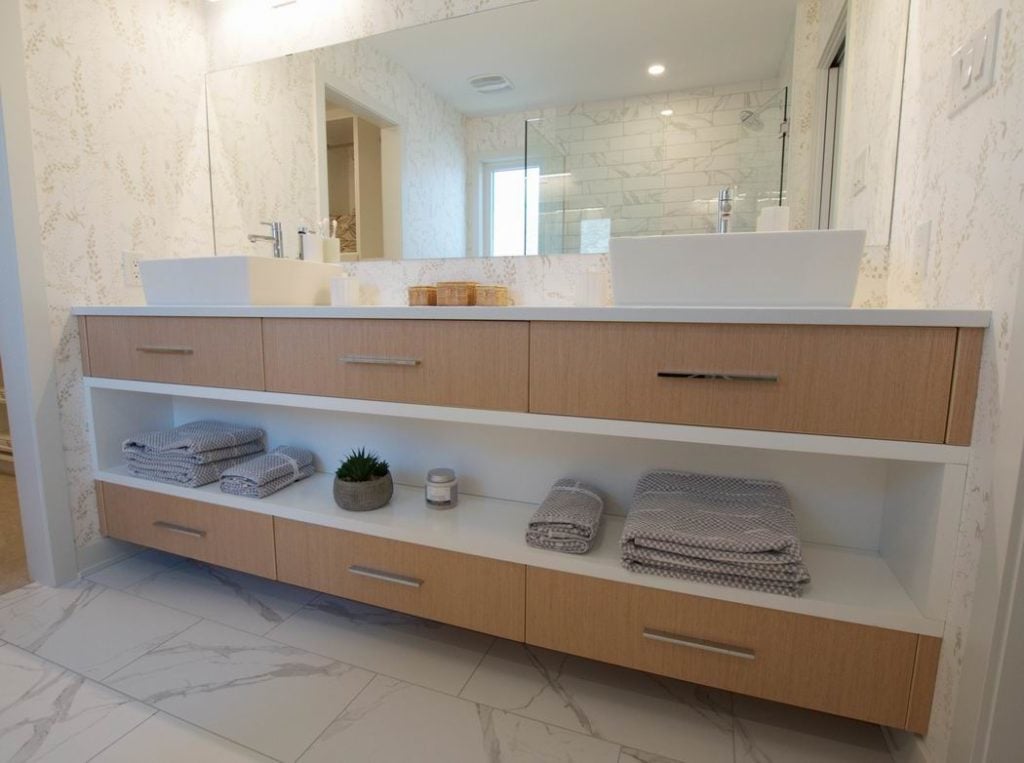 Why we love open shelving in bathroom vanities ...