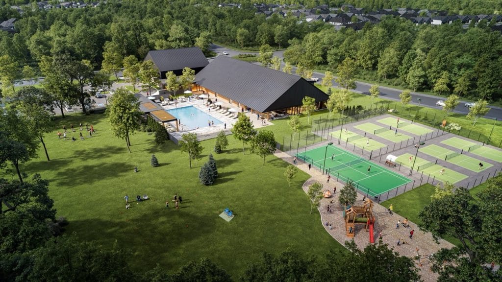 aerial rendering of the amenities at The Villages at Clarence Crossing, showing the clubhouse, tennis courts, pool and park space.