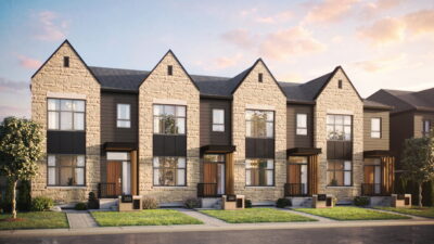 exterior rendering of the rear-lane townhomes by Glenview Homes at Wateridge Village