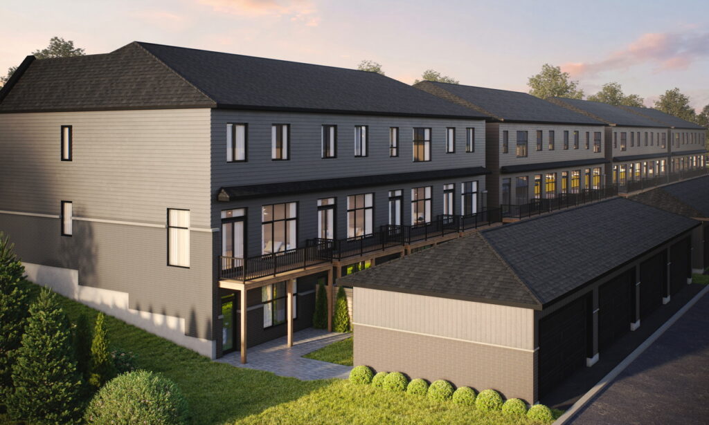 exterior backyard rendering of the rear-lane townhomes by Glenview Homes at Wateridge Village