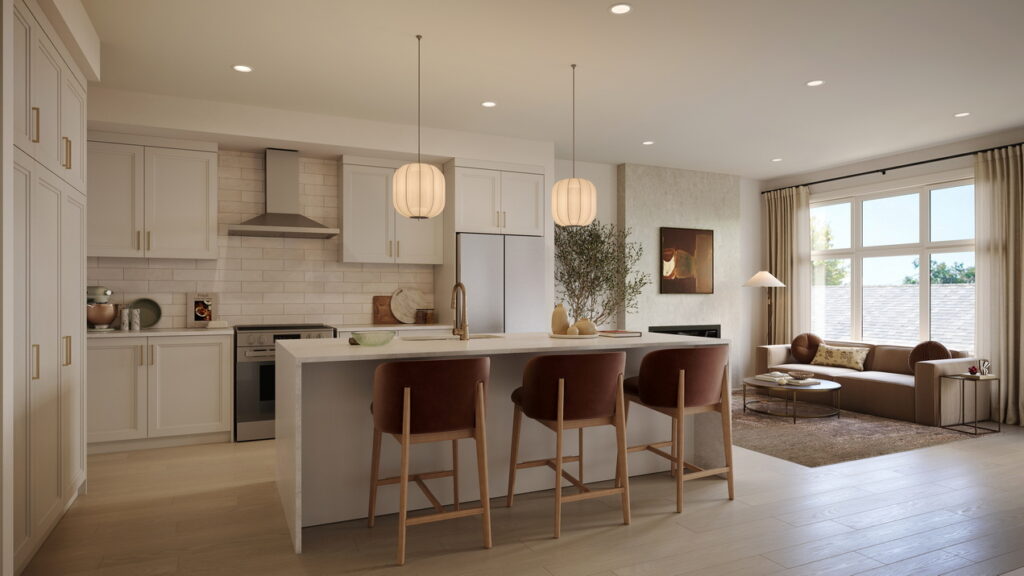 Rendering of the main living area of the Avion courtyard townhome by Glenview Homes at Wateridge Village